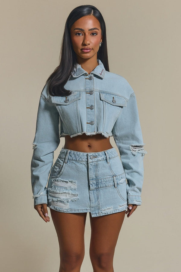The Esha Denim Mini Skirt in Light Wash Blue Mars The Label 